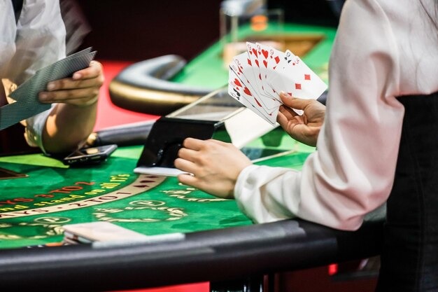 Live blackjack table with professional dealer and multi-camera broadcast